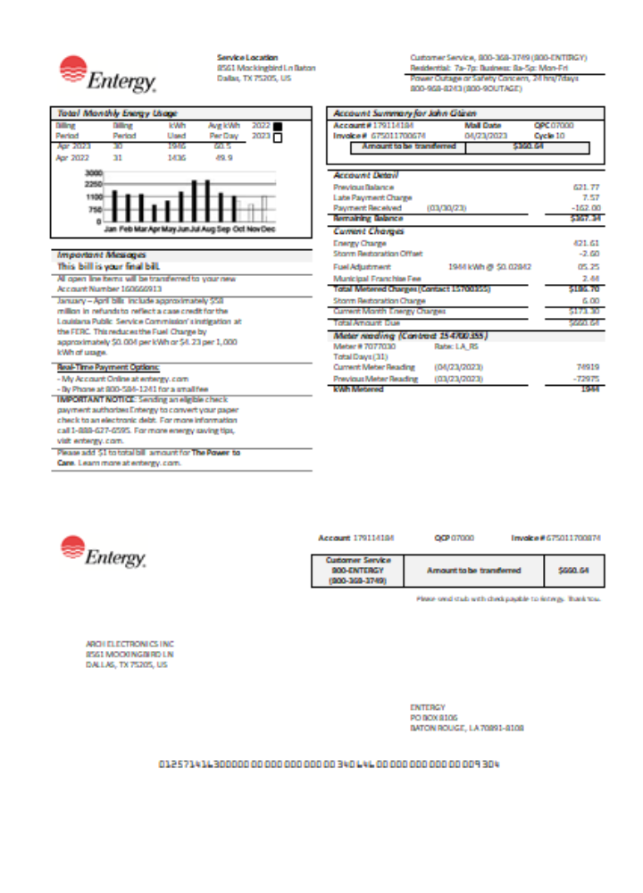 Entergy utility business bill, page 1, SCR PSD template